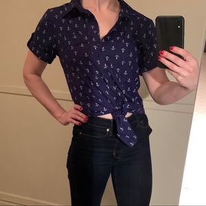 Pinup style navy blue shirt sleeve blouse